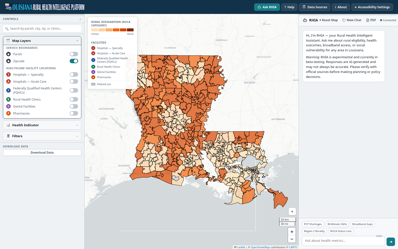 RHTLA Atlas with the map layers, health indicator controls, facility legend, and AI assistant visible