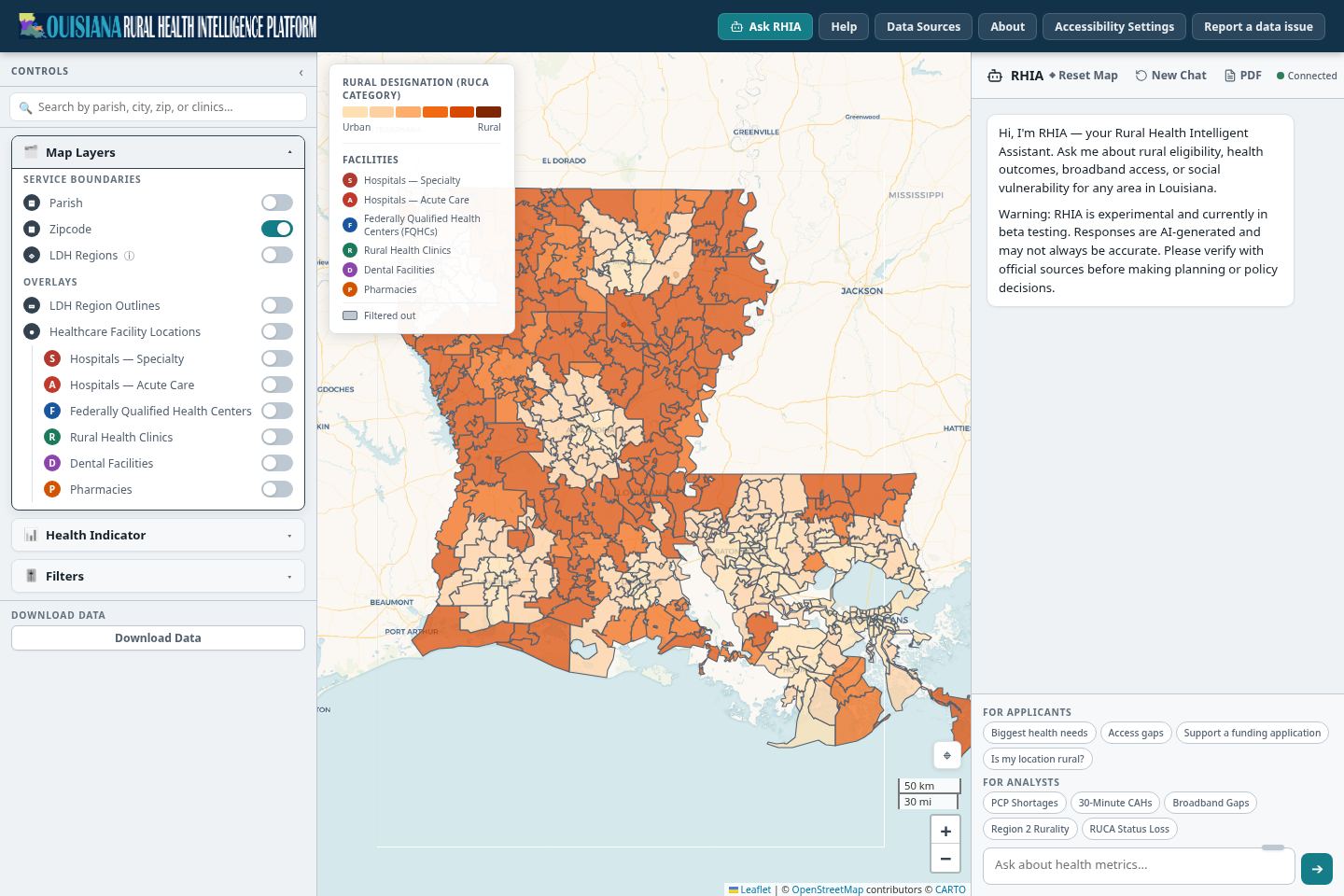 RHIP Atlas as it opens: Controls at left with a search box and Map Layers open, a map of Louisiana colored by rural designation in the center, and the RHIA chat panel at right.
