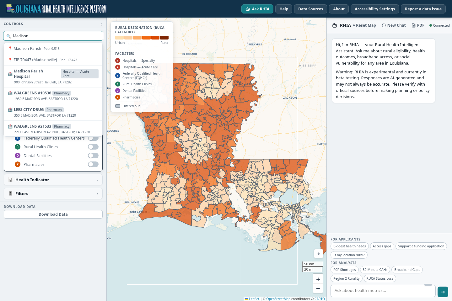 The search box with the text Madison typed in. The result list shows Madison Parish with population 9,513, ZIP 70447, Madison Parish Hospital in Tallulah, and three pharmacies.