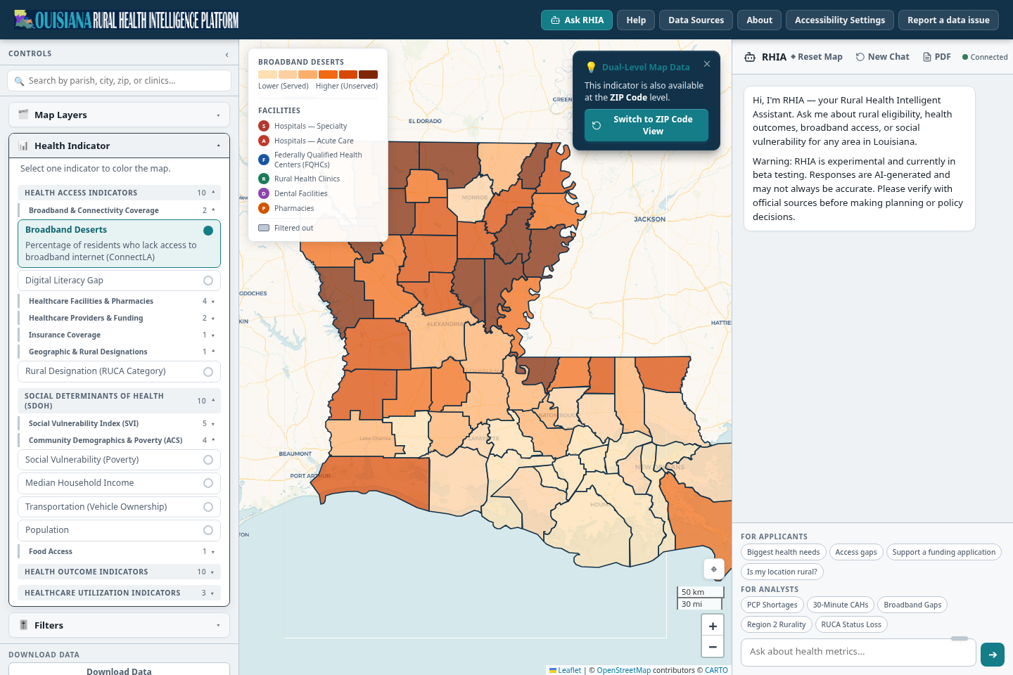 Louisiana by parish colored by Broadband Deserts, with the Health Indicator list open at left, the legend at top left, and a card at top right offering to switch to ZIP code view. The darkest parishes are in the northeast and northwest.