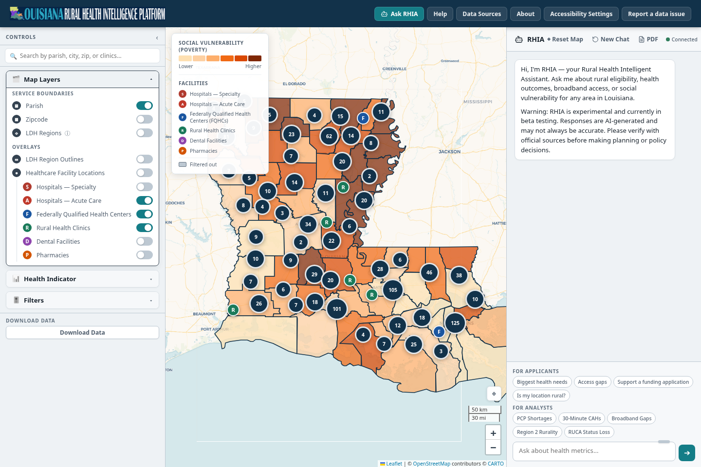 Louisiana by parish with acute hospitals, federally qualified health centers and rural health clinics switched on. Numbered circles show cluster counts, and a few single markers carry the letters R and F.