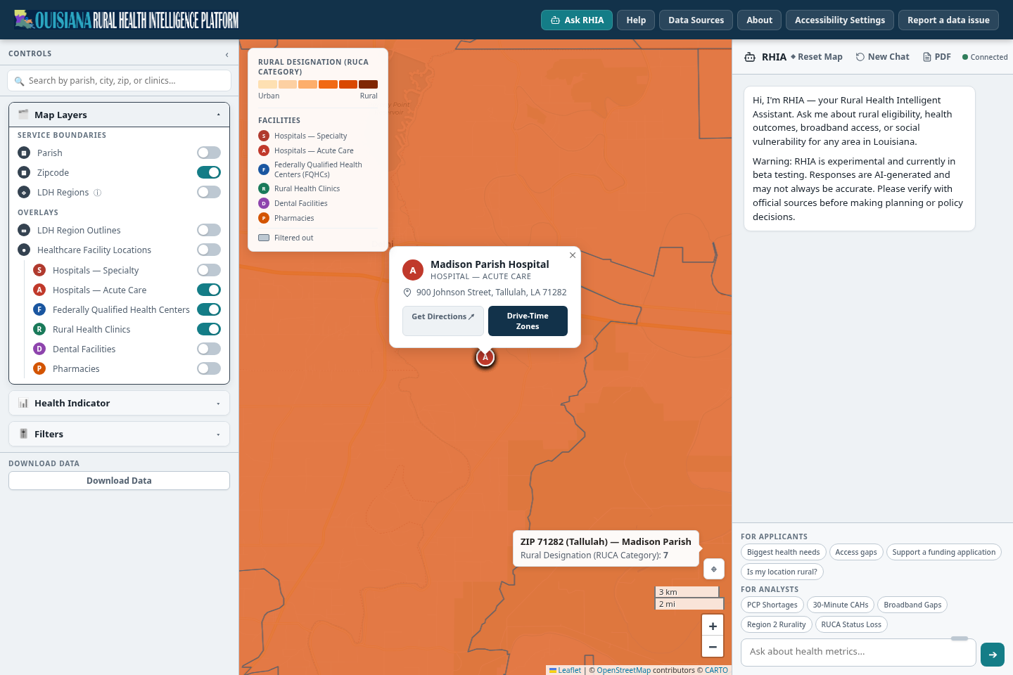 Popup for Madison Parish Hospital, Hospital, Acute Care, at 900 Johnson Street, Tallulah, with Get Directions and Drive-Time Zones buttons. A tooltip below reads ZIP 71282 (Tallulah), Madison Parish, Rural Designation RUCA category 7.