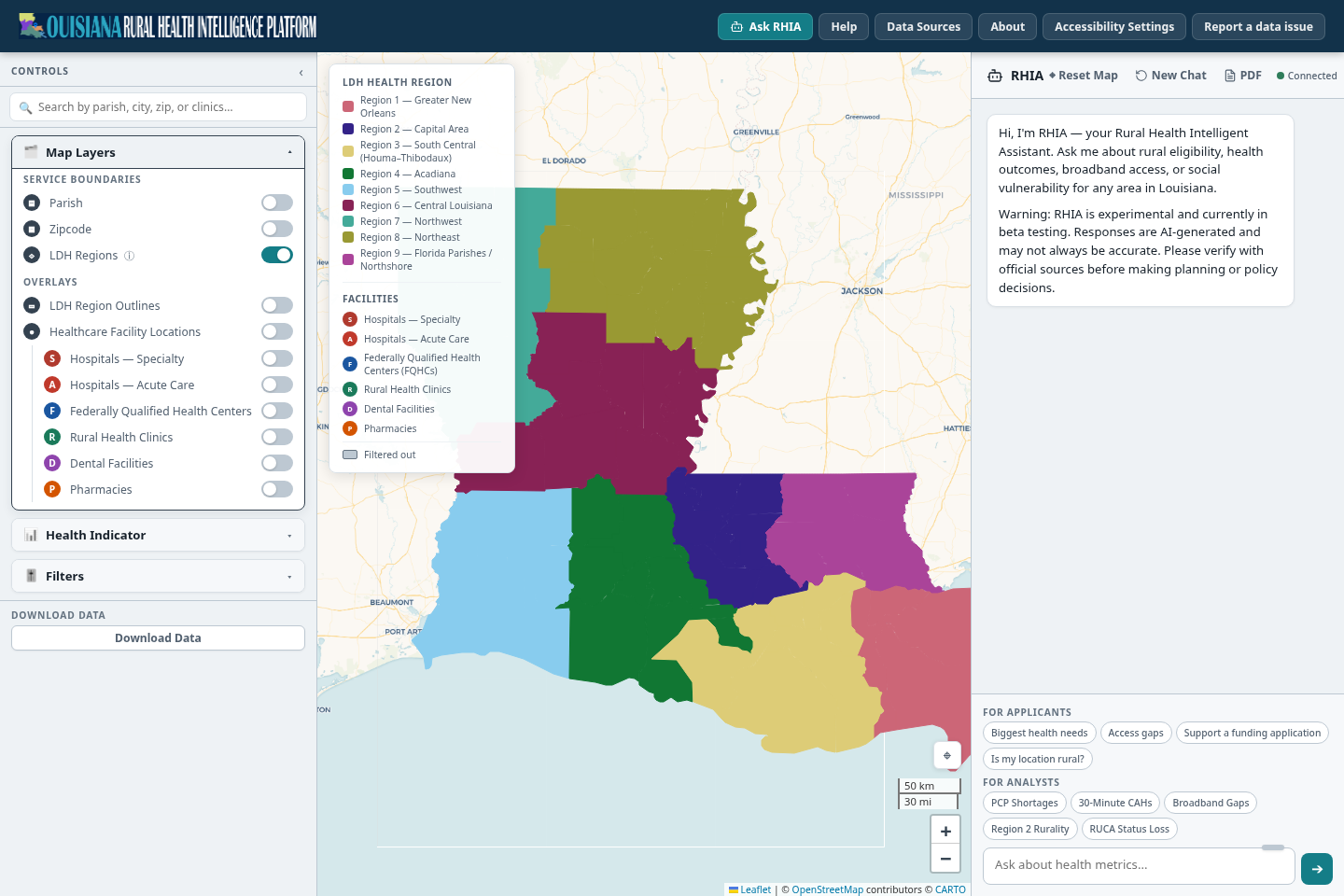 Louisiana colored by LDH health region, with a legend listing Region 1 Greater New Orleans through Region 9 Florida Parishes and Northshore. Region 8, Northeast, is olive green in the northeast corner.