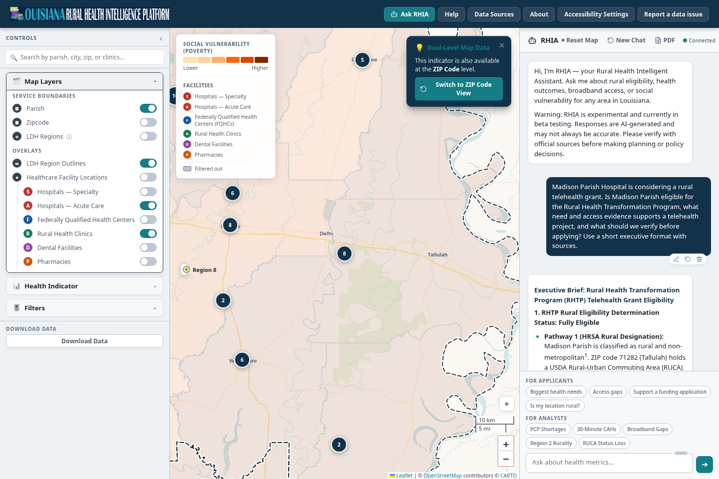 The RHIA panel showing the question about Madison Parish Hospital and the start of the answer, titled Executive Brief, with a rural eligibility determination. The map behind it has moved to Madison Parish with facility clusters shown.