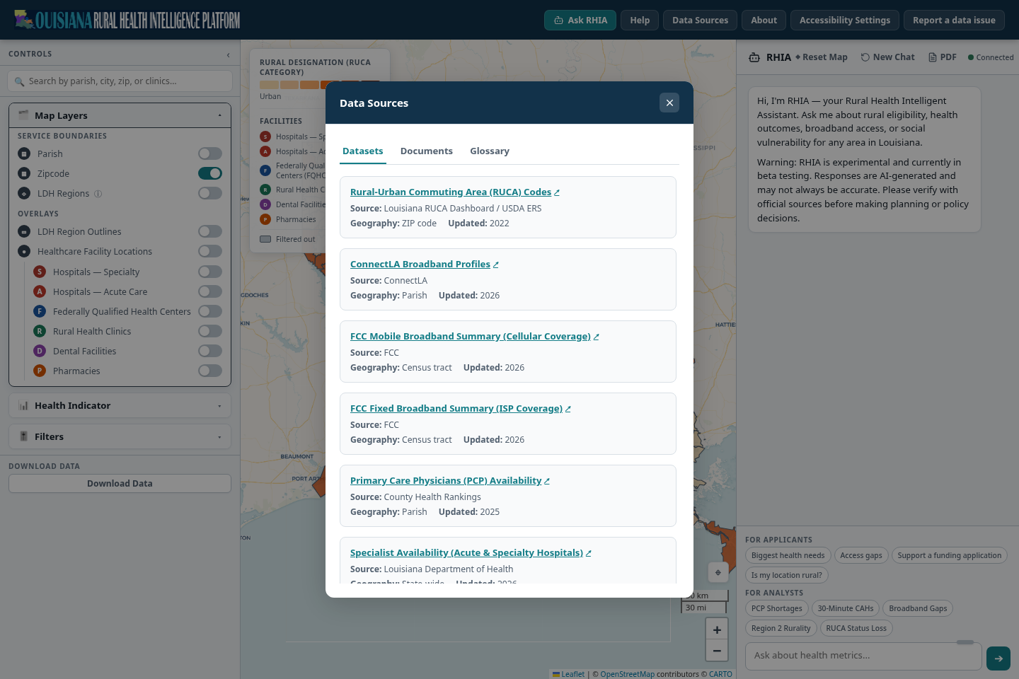 Data Sources dialog on the Datasets tab listing the RUCA codes, ConnectLA broadband profiles, FCC mobile and fixed broadband summaries and primary care physician availability, each with source, geography and update year. Documents and Glossary tabs sit beside Datasets.